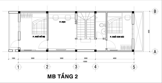 Mặt bằng tầng 2 nhà ống 3 tầng Mặt bằng tầng 2 nhà ống 3 tầng