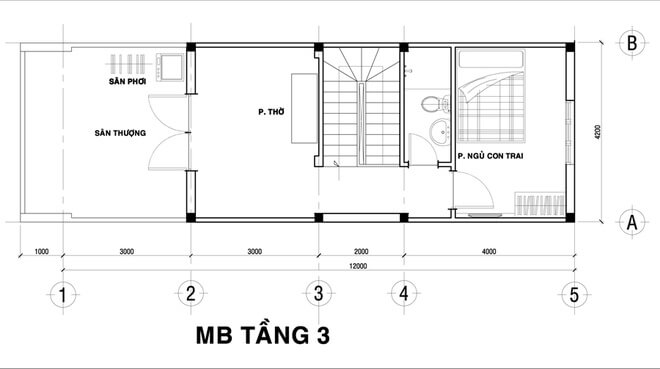Mặt bằng tầng 3 nhà ống 3 tầng Mặt bằng tầng 3 nhà ống 3 tầng
