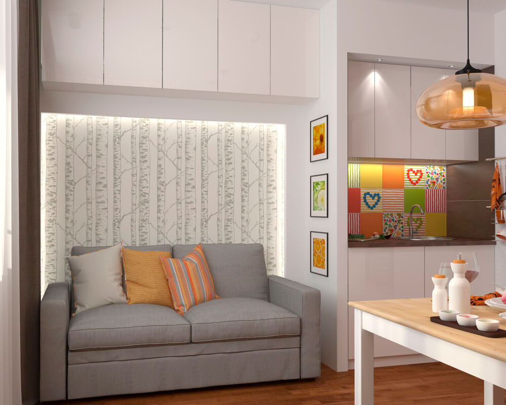 Ghế sofa của căn nhà ống 40m2 rất đơn giản với màu trung tính