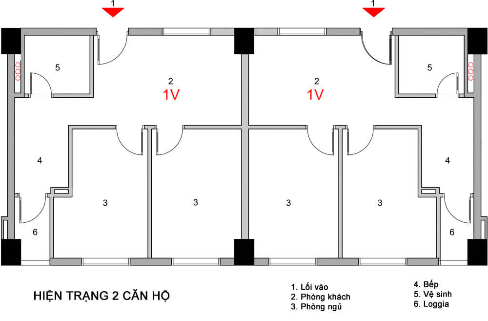 Hiện trạng của hai căn hộ trước khi Sửa hai căn hộ thành một