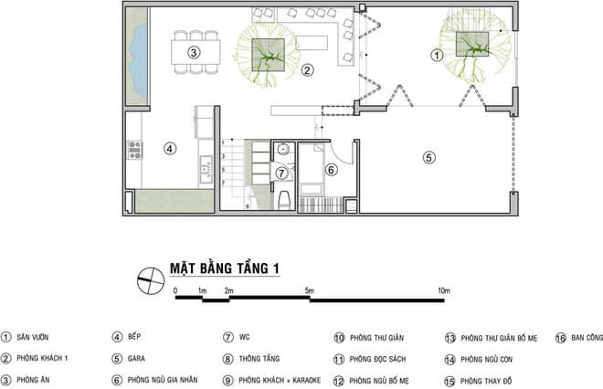 mặt bằng tầng 1 trong mẫu thiết kế nhà ở với nhiều không gian xanh