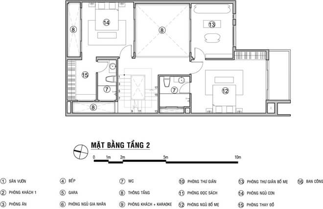 mặt bằng tầng 2 của bản thiết kế nhà ở với nhiều không gian xanh