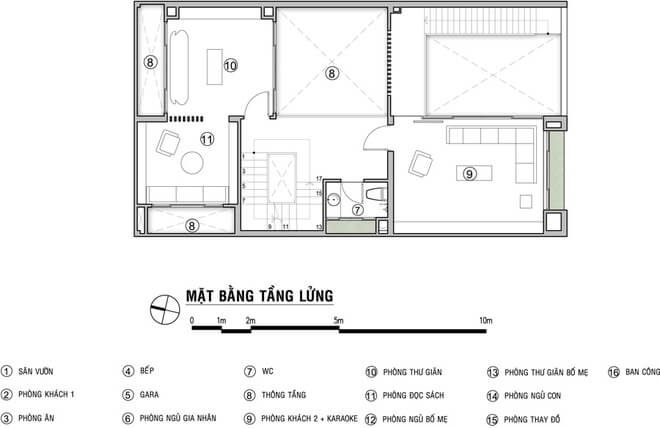 mặt bằng tầng lửng trong mẫu thiết kế nhà ở với nhiều không gian xanh