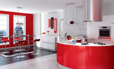 Mầu đỏ cho phòng bếp ấm áp hơn