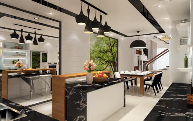 Phòng bếp trong căn nhà 4 tầng được tô điểm hai màu chủ đạo đen trắng trẻ trung sau khi Sửa chữa nhà 4 tầng 70m2 cho 5 người ở Phòng bếp trong căn nhà 4 tầng được tô điểm hai màu chủ đạo đen trắng trẻ trung sau khi Sửa chữa nhà 4 tầng 70m2 cho 5 người ở