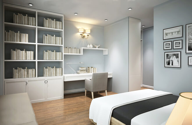 Sửa nhà 4 tầng, màu xanh nhạt được chọn là gam màu chủ đạo của phòng ngủ chính, kết hợp với bàn làm việc đơn giản