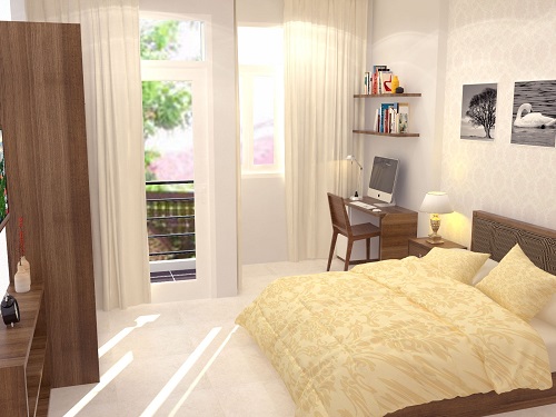 Xây sửa nhà ống với phòng ngủ Bố Mẹ với bàn làm việc, cửa sổ và cửa ra ban công cũng là nơi lấy sáng cho không gian thoáng đãng