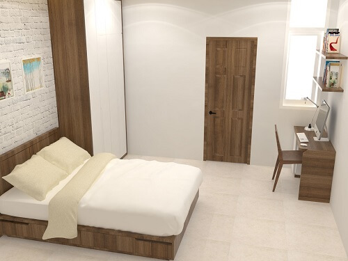 Xây sửa nhà ống với phòng ngủ dành cho con trai thoáng sáng với cửa sổ mở ra giếng trời.