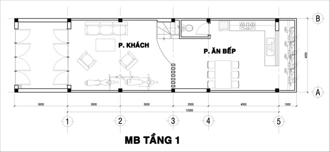 Thiết kế nhà ống, tầng 1 dành 3m phía trước làm sân, còn phía sau chừa lại 1m cho thông thoáng