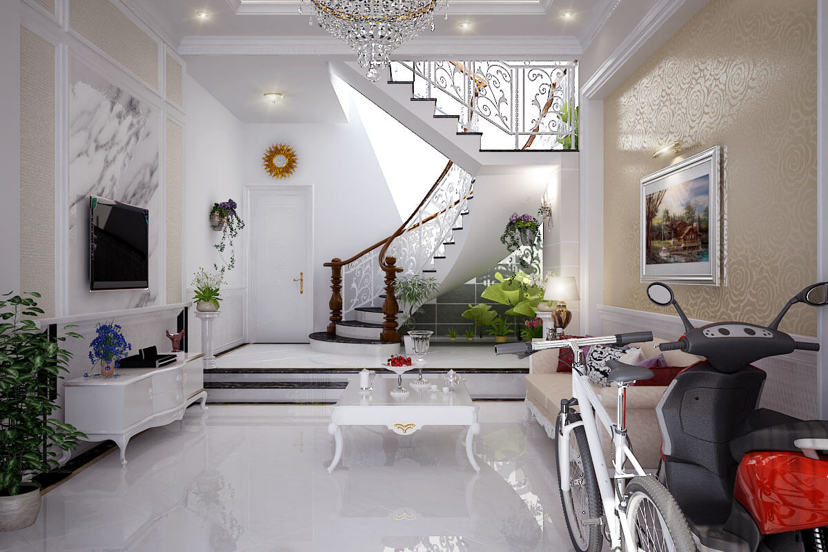 Thiết kế nhà 3 tầng, phòng khách mang dáng vẻ cổ điển, rất lãng mạn
