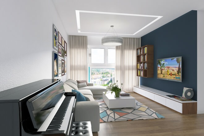 Căn hộ lấy tông trắng làm chủ đạo sau cải tạo căn hộ, với các mảng nhấn màu xanh như gối dựa, tường hay phần họa tiết của thảm