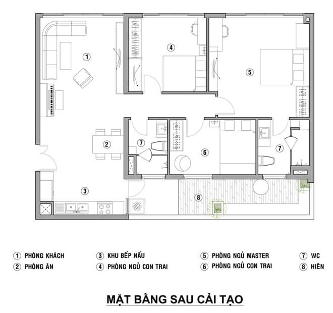Mặt bằng sau khi cải tạo căn hộ.