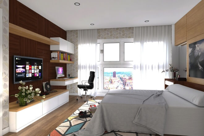 Phòng ngủ Bố Mẹ, tông màu trắng chủ đạo, kết hợp xám tạo cảm giác rộng thoáng cho căn phòng.
