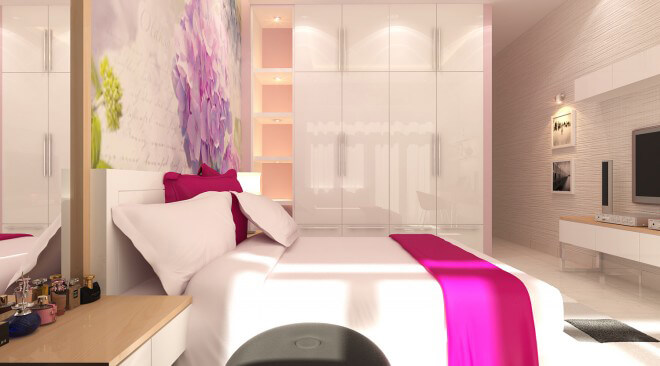 Sơn nhà lấy tông trắng cho phòng ngủ trở nên mới mẻ với màu hồng sen. Không gian sự ấm cúng và ngọt ngào với tranh đầu giường có sắc hồng tím.