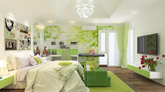 Sơn nhà, phòng ngủ dùng màu xanh lá với nhiều sắc độ khác nhau ở rèm cửa, sofa, tranh dán tường... mang lại cảm giác mát mẻ, dịu nhẹ.