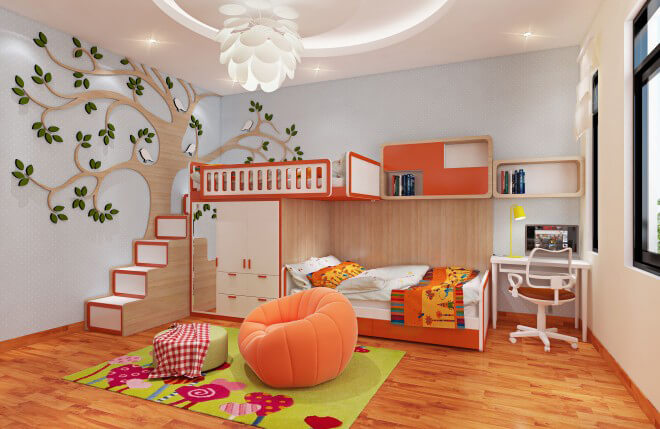 Sơn nhà đẹp với gam màu cam nóng làm tăng sự vui nhộn, sinh động, kích thích khả năng sáng tạo và tư duy của bé.