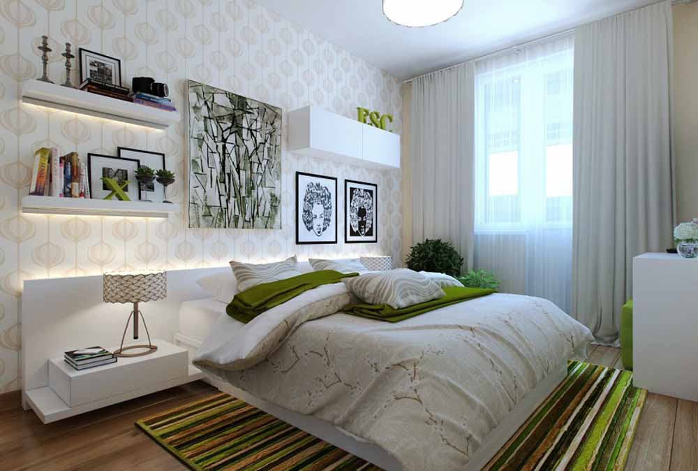 Thiết kế căn hộ với phòng ngủ chính của bố mẹ, tường màu trắng có thể dùng màu xanh lá cây hợp với phong thủy mệnh tuổi chủ nhà.
