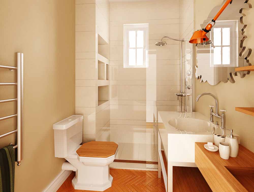 Nhà vệ sinh màu trắng kết hợp nội thất gỗ hiện đại và sạch sẽ trong thiết kế căn hộ chung cư 62m2.