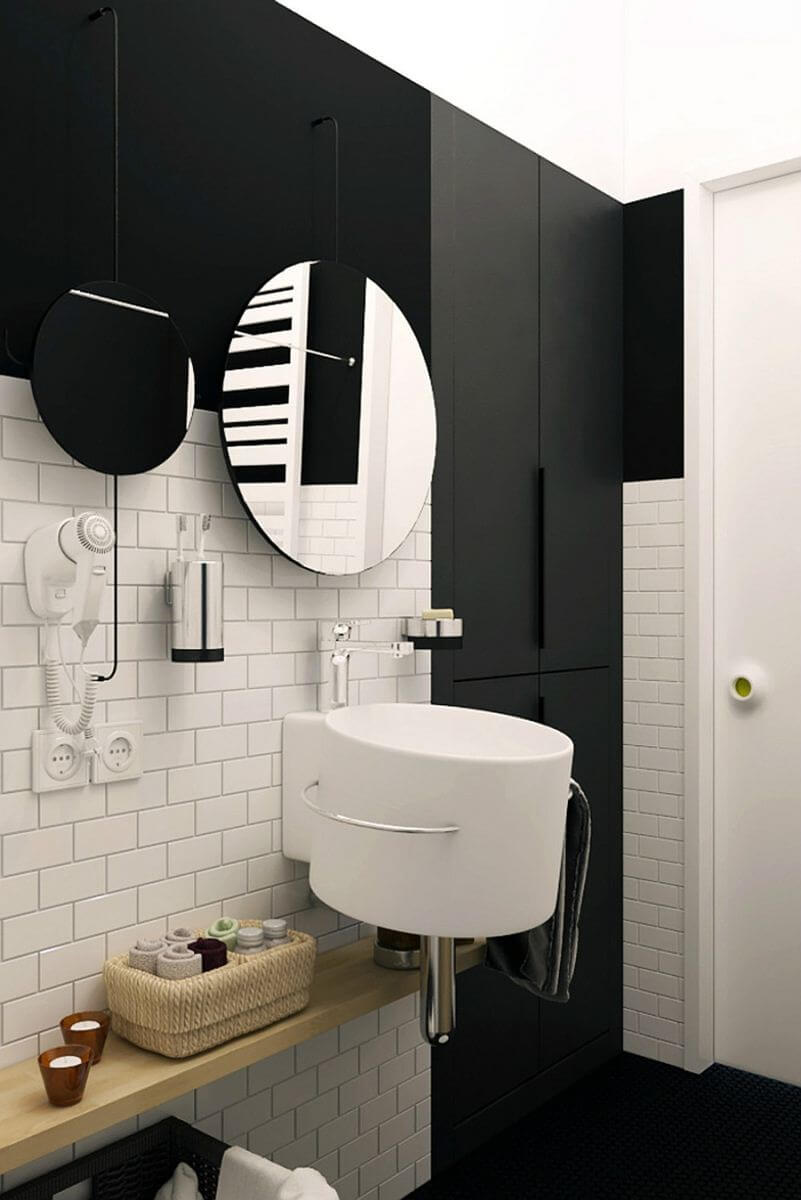 Thiết kế căn hộ với phòng tắm nhỏ vẫn đầy đủ tiện nghi, Chậu rửa có thiết kế lạ mắt, rất đồng điệu với gương tròn bên trên, đầy ấn tượng. Thiết kế căn hộ với phòng tắm nhỏ vẫn đầy đủ tiện nghi, Chậu rửa gắn vào tường có thiết kế lạ mắt, rất đồng điệu với gương tròn bên trên, đầy ấn tượng.