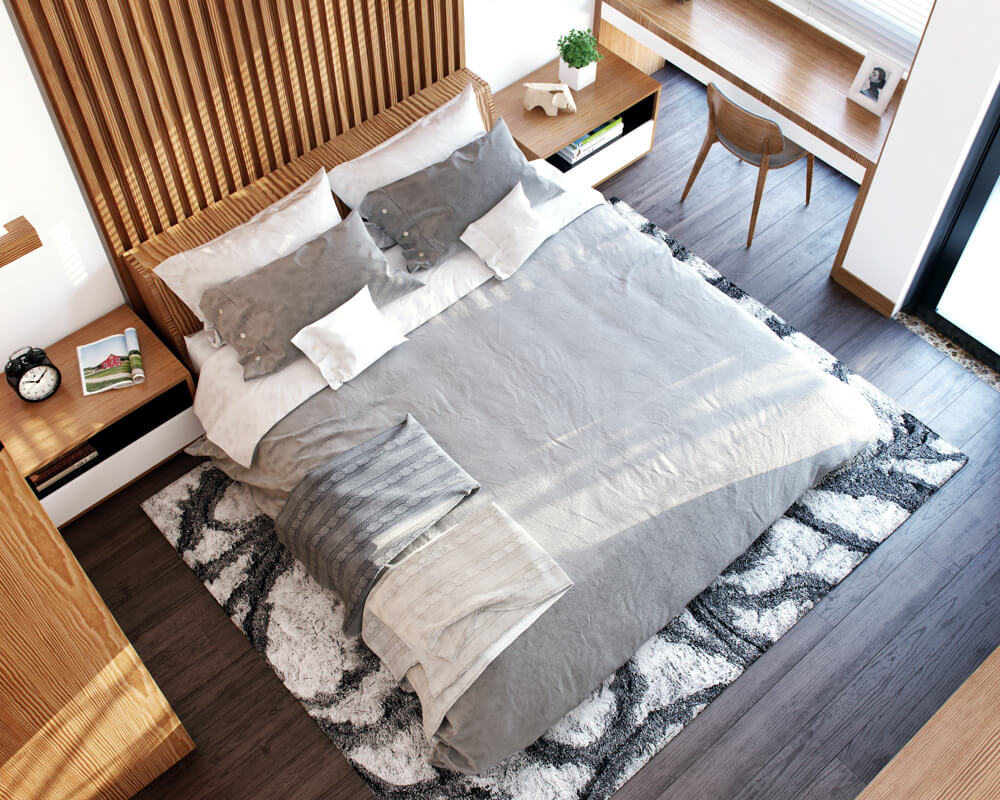Cải tạo nhà chung cư với phòng ngủ lớn bố trí cạnh cửa sổ lấy được nhiều ánh sáng.