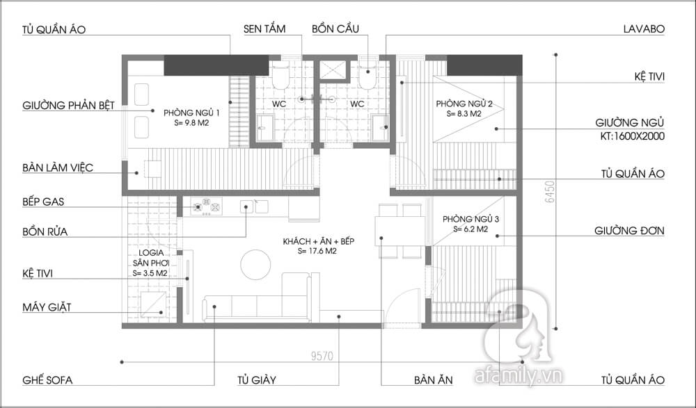 Mặt bằng tư vấn cải tạo nhà chung cư thêm phòng ngủ.