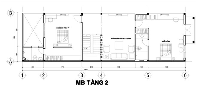 Mặt bằng tầng 2 nhà ba tầng