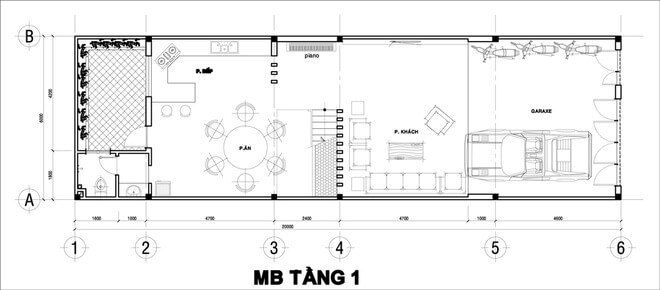 Mặt bằng tầng 1 nhà ba tầng