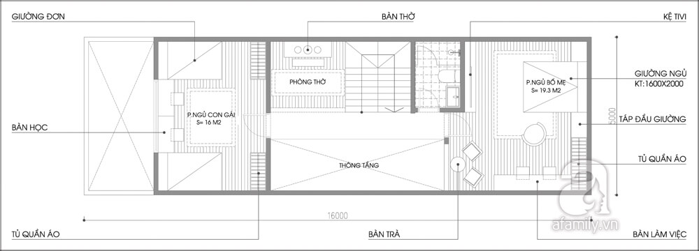 Mặt bằng tầng 2 của mẫu thiết kế nhà hai tầng
