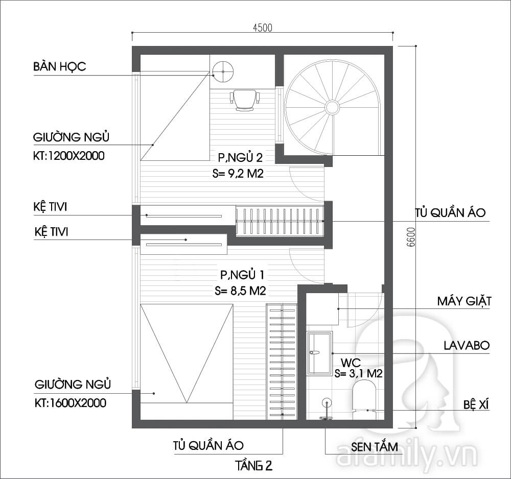 Mặt bằng thiết kế nhà ống tầng 1 và 2.