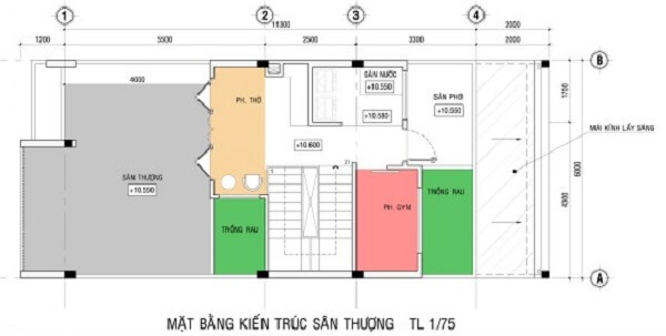 Mặt bằng thiết kế nhà sơn màu trắng chủ đạo tầng thượng