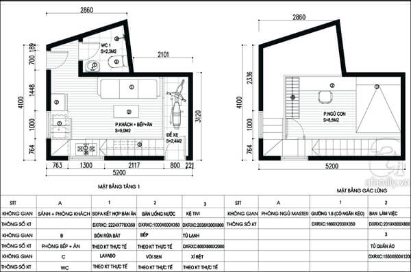 Mặt bằng thiết kế tầng 1 và gác lửng.