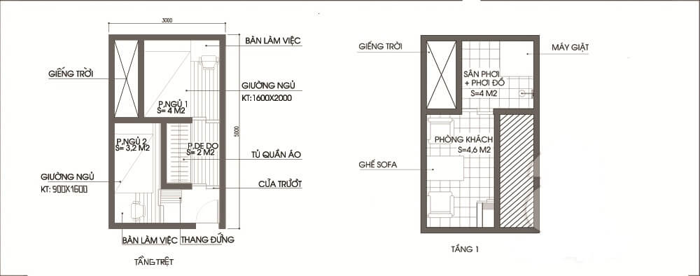 Mặt bằng tư vấn thiết kế nhà ống 2 tầng.