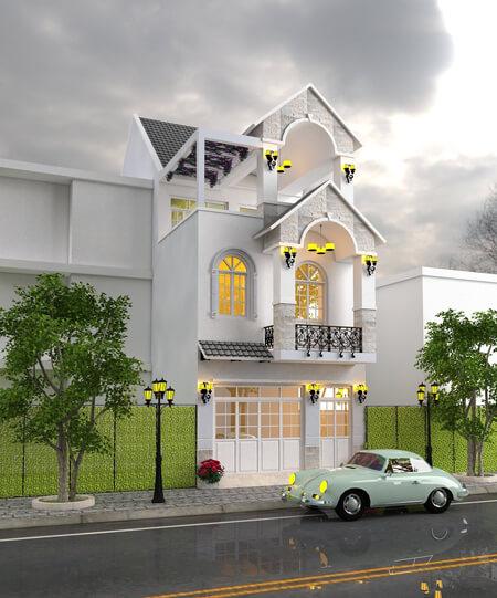 Mặt tiền nhà phố ba tầng, đẹp sang trọng với gam màu sáng.