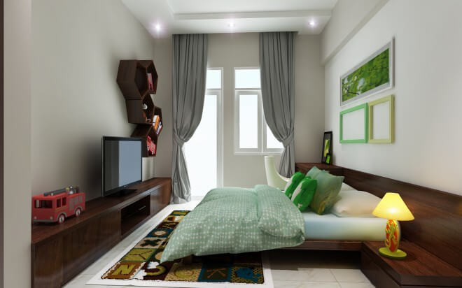 Phong cách cá tính và mạnh mẽ trong phòng ngủ dành cho con trai với màu xanh lá nhấn nhá ấn tượng trong mẫu thiết kế biệt thự này.