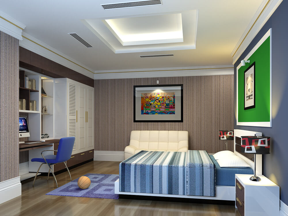 Mẫu thiết kế nhà hai tầng với phòng ngủ bé trai với kiểu nội thất thể hiện sự năng động, cá tính.