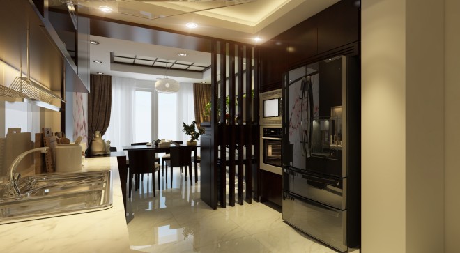 Hai không gian nhà bếp và phòng ăn ngăn cách nhau bởi vách ngăn ước lệ làm bằng lam gỗ. Đây chính là lưng tựa cho bàn thờ biểu hiện nét hiện đại trong bài trí không gian, trong mẫu thiết kế nhà kiểu nhật