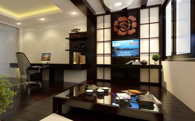 Phòng khách đặt bàn tiếp khách theo đúng phong cách Nhật thuần túy, kệ tivi kết hợp vách trang trí kiểu Nhật mang lại vẻ trang nhã, sang trọng trong mẫu thiết kế nhà này.