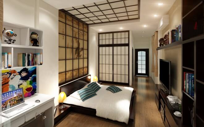 Với tông trắng chủ đạo, phòng ngủ được của mẫu thiết kế nhà này đơn giản, hiện đại. Vách trang trí có họa tiết mang phong cách nhật bản.
