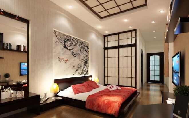 Phòng ngủ lớn nhẹ nhàng theo phong cách Nhật, màu sắc kết hợp ánh sáng làm những chi tiết trang trí tinh tế nổi bật trong toàn bộ không gian, cực ấn tượng trong mẫu thiết kế nhà kiểu nhật