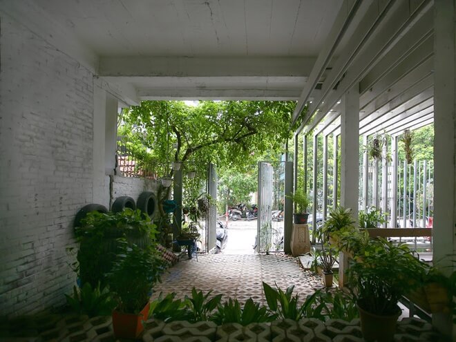 Đường dẫn vào nhà là các bậc đá đi qua hồ cá với xung quanh là các chậu cây, dàn dây leo khắp nơi, sau sửa chữa cải tạo nhà.