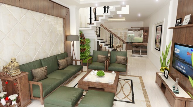 Phòng khách sáng rộng với gam màu trắng chủ đạo, giúp nổi bật những chi tiết trang trí cho căn phòng.
