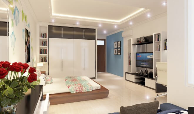 Mẫu thiết kế nhà ống 4 tầng, phòng ngủ chính được trang trí chủ yếu bằng gam màu trắng, đầy ấn tượng