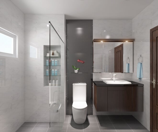 Phòng tắm đơn giản, hiện đại với gạch đá màu ghi hoa văn giản dị, đẹp ấn tượng trong mẫu thiết kế nhà ống 4 tầng.