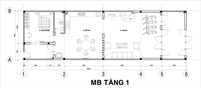 Tầng 1 mặt bằng thiết kế nhà ống 2 tầng