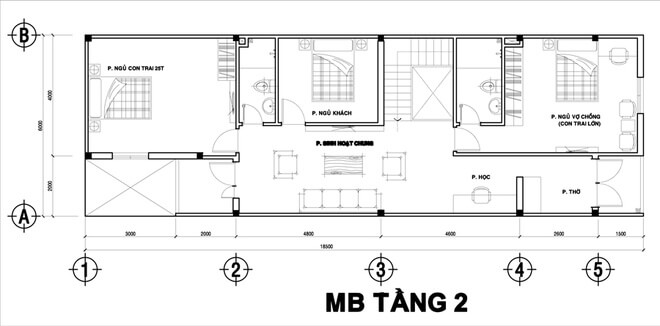 Mặt bằng tầng 2 thiết kế nhà ống