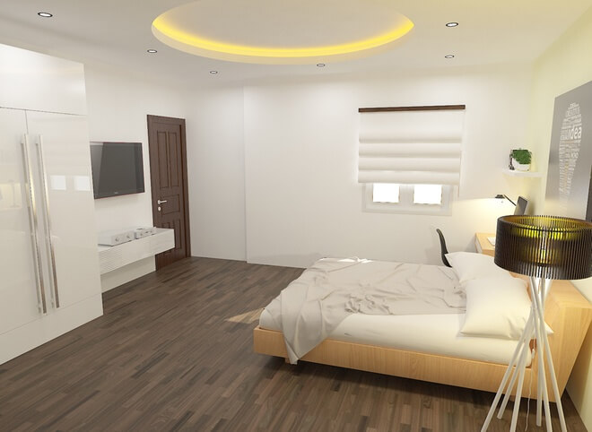 Thiết kế nhà ống nhờ có khoảng giếng trời sau nhà nên phòng ngủ tầng 2 vẫn có đủ ánh sáng