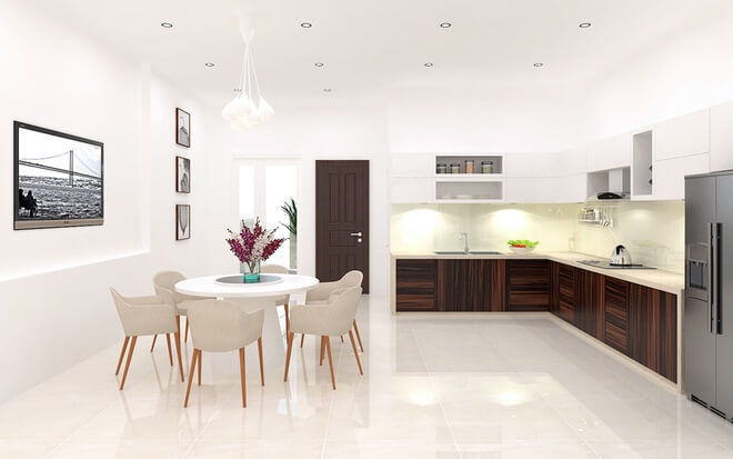 Thiết kế nhà ống, bếp và bàn ăn bố trí trong cùng một không gian đảm bảo sự thuận tiện
