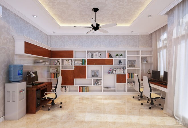 Nhà ống thiết kế phòng học ít chi tiết trang trí, tông màu nhã nhặn, rộng rãi, đủ cho cả 3 người cùng học, làm việc