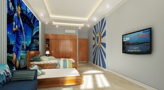 Thiết kế nhà ống với mảng nhấn màu xanh, phòng ngủ con trai mang phong cách cá tính đồng thời cũng trẻ trung hơn