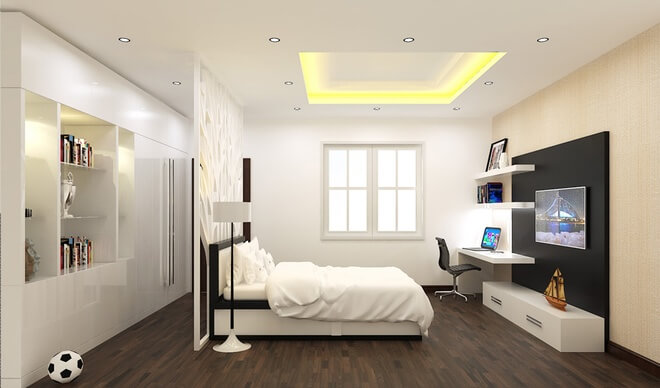 Phòng ngủ của con trai, với tấm đầu giường hình rừng cây cũng chính là vách ngăn với lối đi lại, phòng ngủ con trai có gam màu chủ đạo là trắng, sáng thoáng trong nhà phố ba tầng.